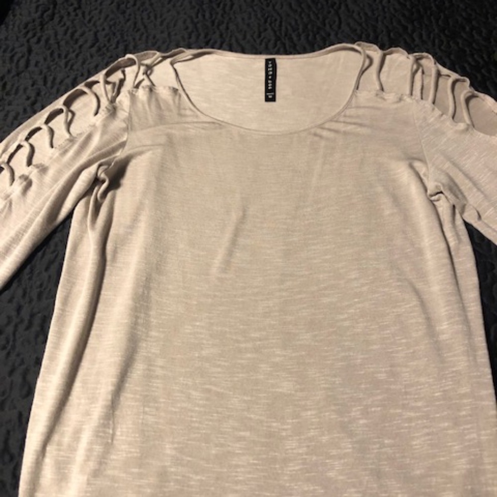 Tana + Bee Funky Shoulder Cut Outs Beige Silky Top